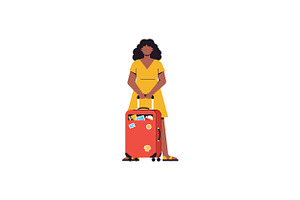 A woman in a yellow dress standing c, an Illustration by designvectx
