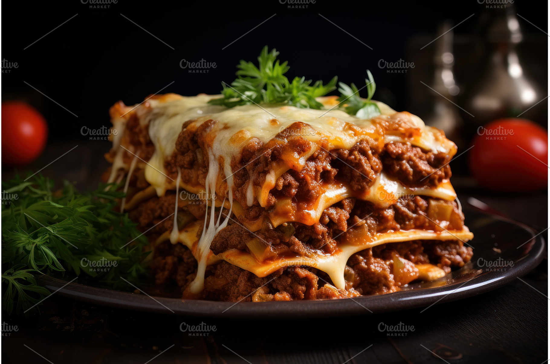 Rich Lasagna beef cheese. Generate, a Food & Drink Photo by Ylivdesign