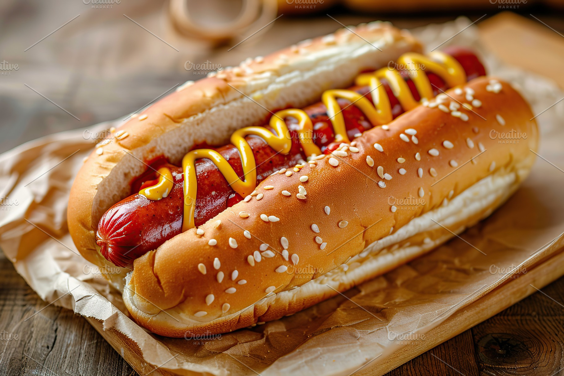 Hot dog with ketchup and mustard on wooden background, a Food & Drink Photo by AlyaAnd
