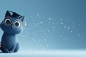 Adorable blue cat in graduation cap and glasses sits beside stac, an Abstract Photo by Ales Munt