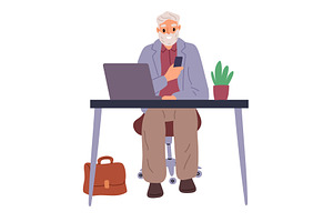 Elderly man works at computer table, a Person Illustration by Vectorbuum