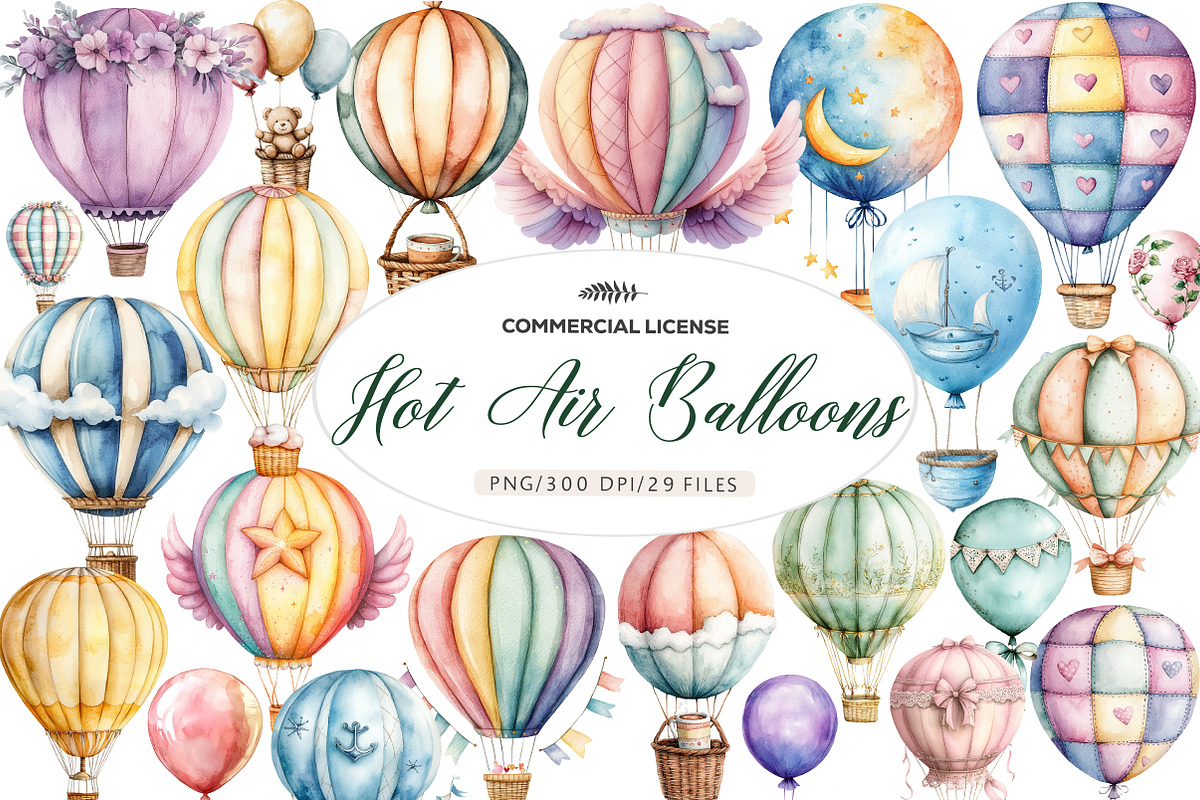 Pastel Hot Air Balloons Clipart, an Illustration by CreationArt (Photo 1 of 5)