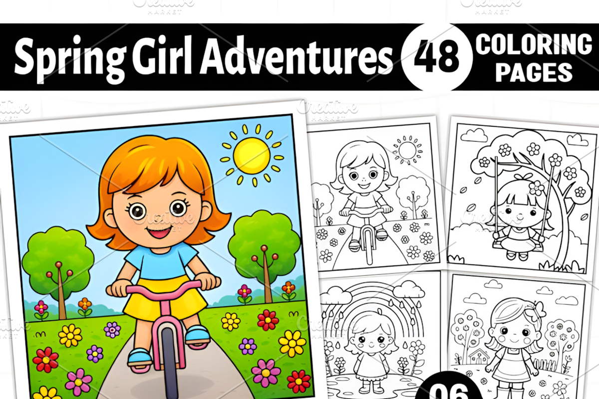 Spring Girl Activities Coloring Page, a Decorative Illustration by Ink Gallery (Photo 1 of 8)