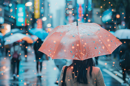 A figure strolls along a wet city st, a Photo by Tanuart