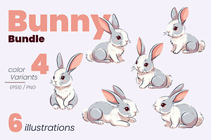 Bunny Bundle in 4 Color Variations, an Animal Illustration by moja doodle