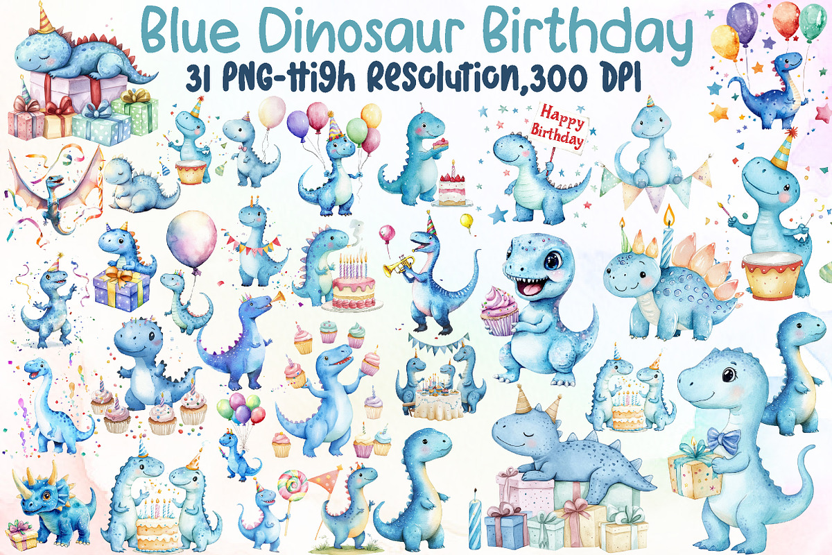 Watercolor Blue Dinosaur Birthday Cl, an Illustration by Sublimation Artist (Photo 1 of 6)