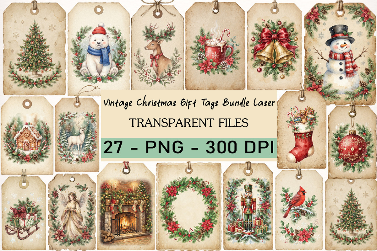 Vintage Christmas Gift Tags Bundle, a Transportation Illustration by Digital Artistic99 (Photo 1 of 9)