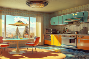 A retro-futuristic kitchen featuring a round table with orange chairs, a sleek, an Arts & Entertainment Photo by Textures & Backgrounds