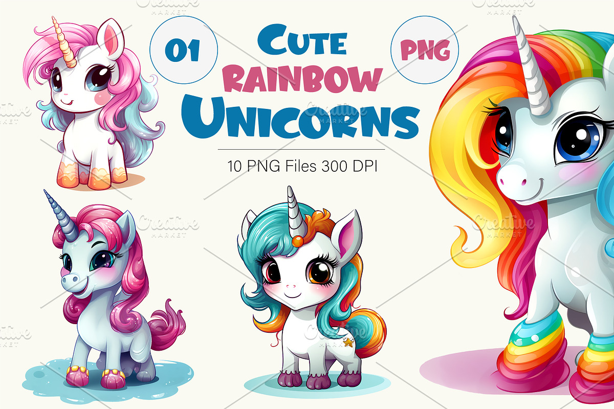 Cute rainbow unicorns 01. PNG Bundle, an Animal Illustration by KENO Mascots (Photo 1 of 9)