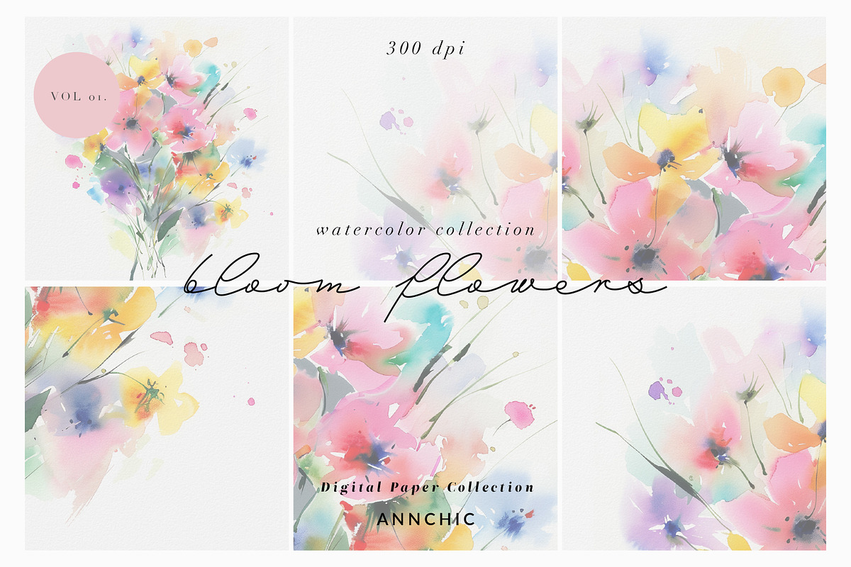 Watercolor  flowers Digital paper, a Texture Graphic by Anna Sokol (Photo 12 of 13)