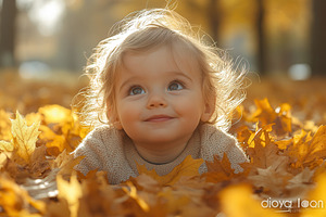 Child enjoys playing in autumn leave, a Photo by Tanuart