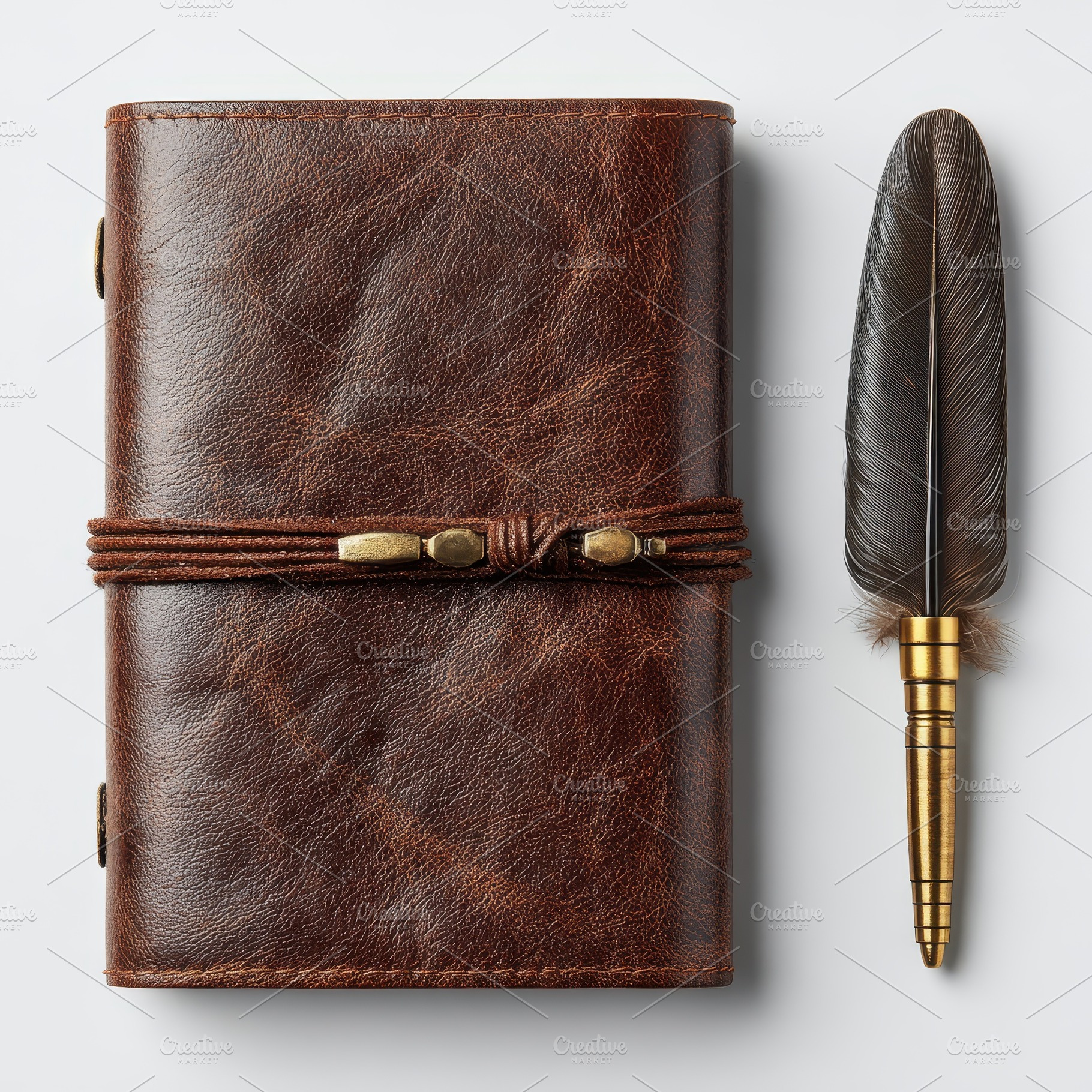 Brown Leather Journal and Quill Pen, a Photo by Pixeness Studio