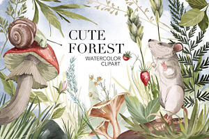 Cute Forest Watercolor Elements.