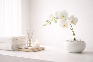 White orchid in vase on spa table with towels and candle, peacef, a Photo by Dvoevnore photos