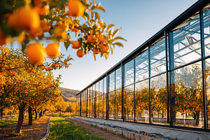Beautiful glass greenhouse nestled in a vibrant autumn orchard filled with ripe, a Photo by AlyaAnd