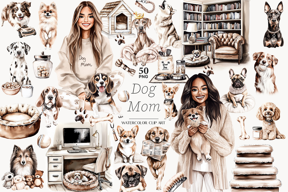 Dog Mom Clipart Set | 50 Dog Breeds, a Person Illustration by GlamArtZhanna (Photo 1 of 8)