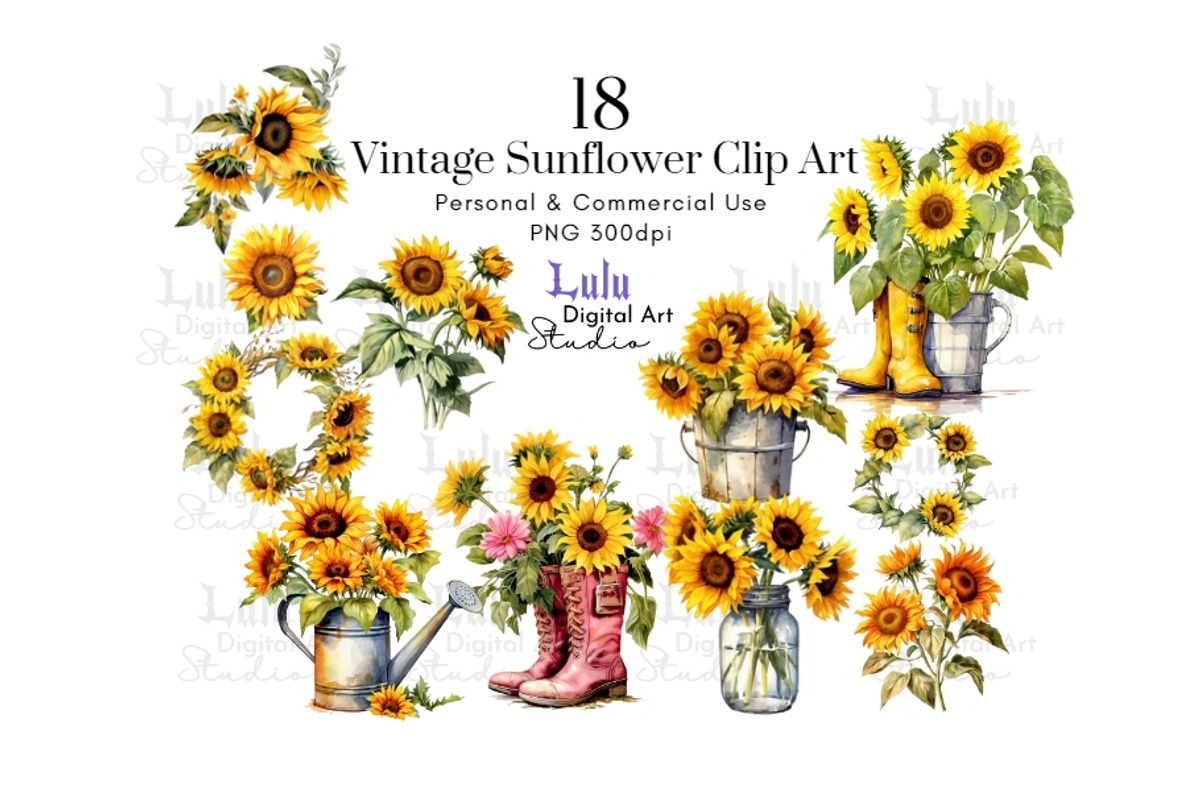 Vintage Style Sunflowers Clip Art-18, an Object Illustration by Lulu Digital Art Studio (Photo 1 of 3)