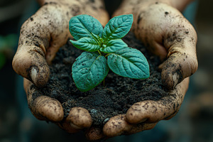 Hands holding a small plant surround, a Photo by Tanuart