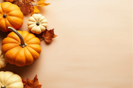 Autumn Pumpkins and Leaves on Wooden Background, an Abstract Photo by Natalia Klenova's Shop