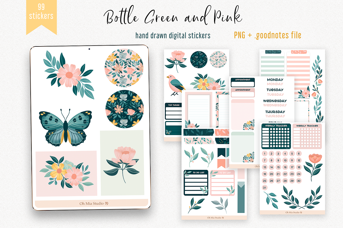 Floral Digital stickers Bottle Green, an Illustration by Oh Mia Studio (Photo 1 of 3)