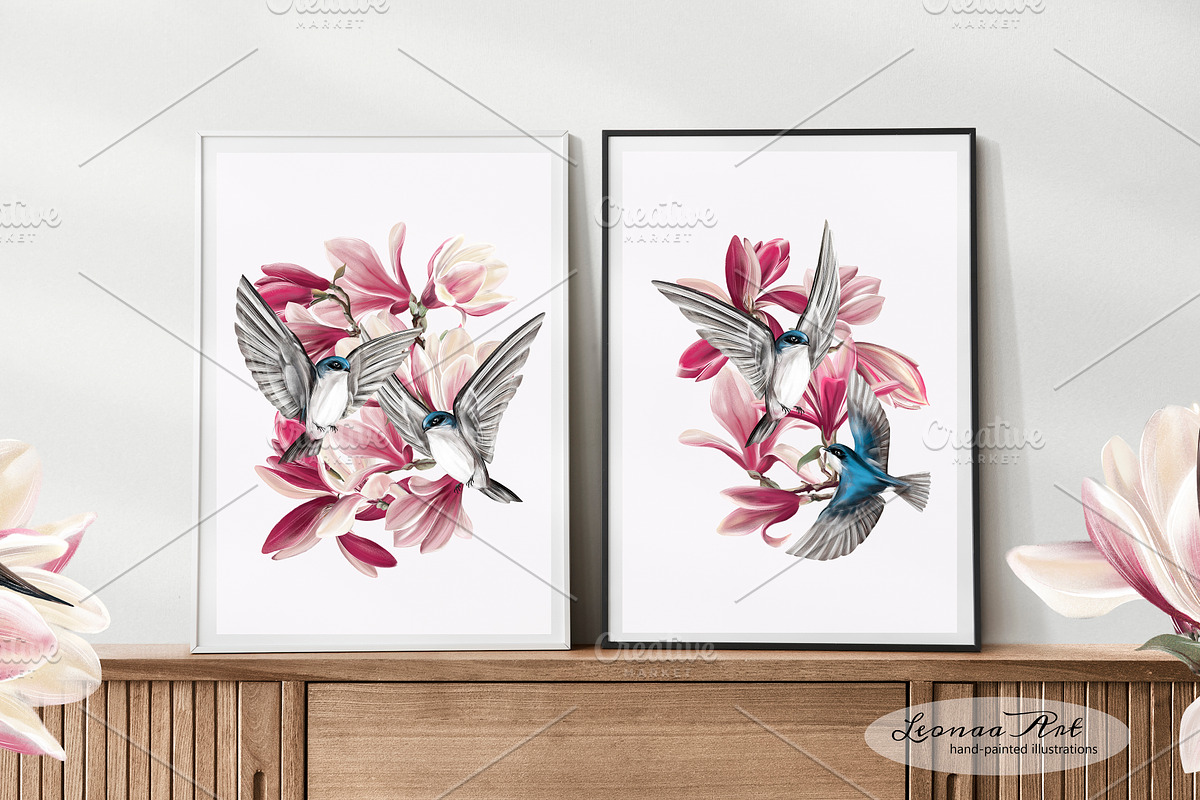 Swallows with magnolias Clipart Set, a Seasonal Illustration by Leonaa art (Photo 11 of 11)