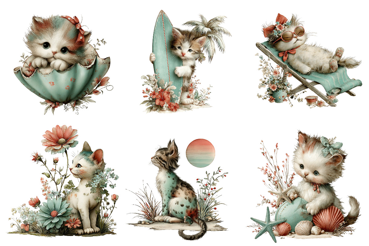 Whimsical Summer Cat Clipart, an Illustration by CreationArt (Photo 5 of 7)