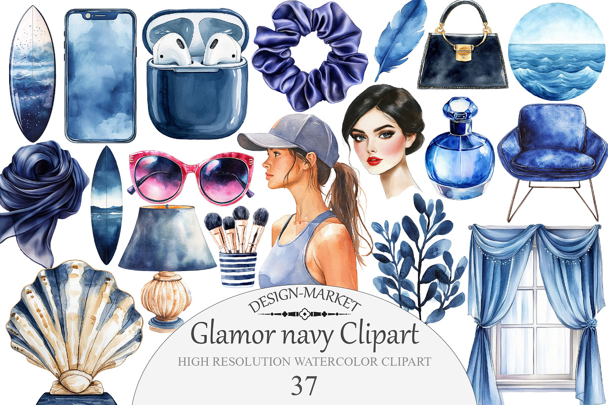 Watercolor Glamor navy Clipart, an Illustration by Design Market (Photo 1 of 4)