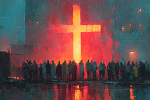Silhouetted crowd facing glowing white cross against colorful ur, an Illustration by José Manuel Gelpi