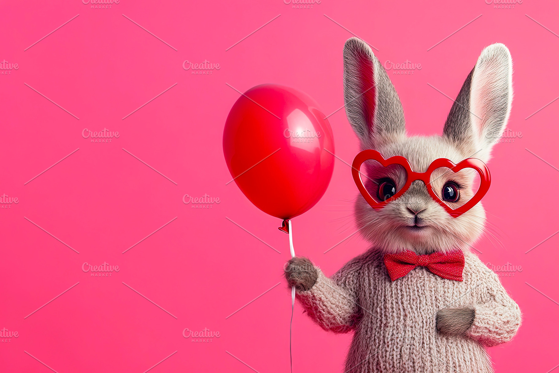 Bunny with Heart Glasses, Bowtie, and Red Balloon, a Holiday Photo by Ales Munt
