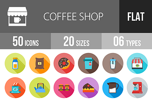 50 Coffee Shop Flat Shadowed Icons