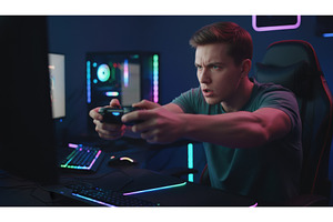 Focused gamer in neon room captures, a Technology Photo by Igor Tichonow