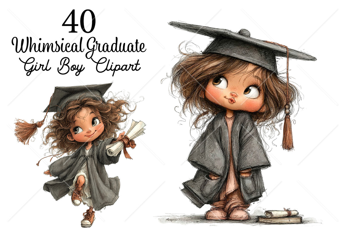 Whimsical Graduate Girl Boy Clipart, a Seasonal Illustration by Canvas Craft (Photo 1 of 10)