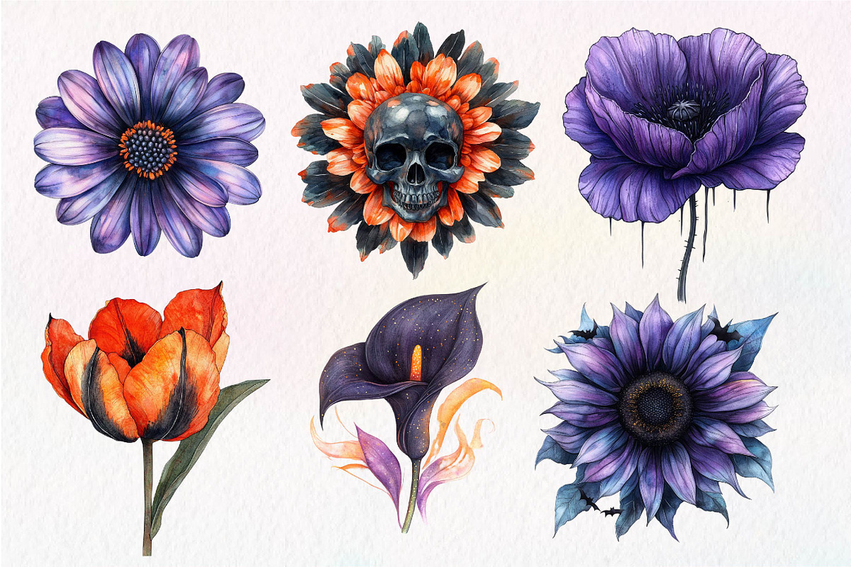 Watercolor Halloween Flowers Clipart, an Illustration by Dream Creation (Photo 6 of 7)