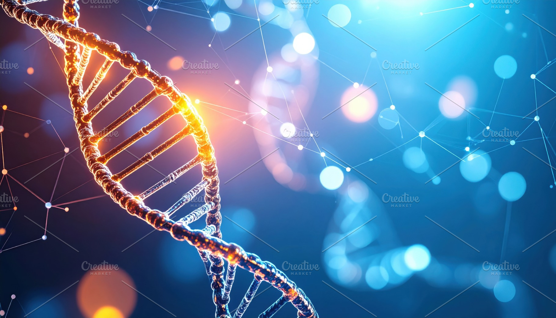 Glowing double helix DNA strand for science, a Technology Photo by Igor Tichonow