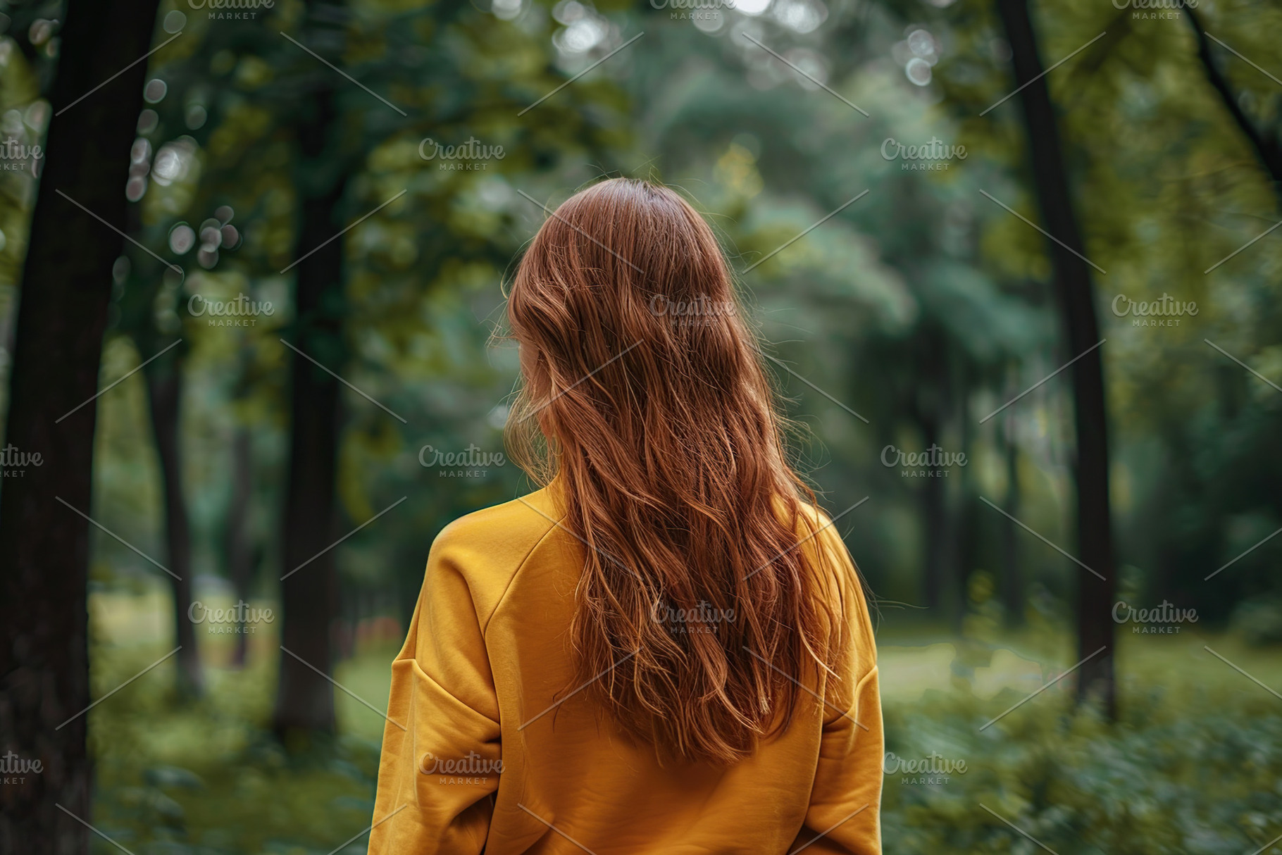 Young woman in yellow sweatshirt on summer park background, back, a Beauty & Fashion Photo by AlyaAnd