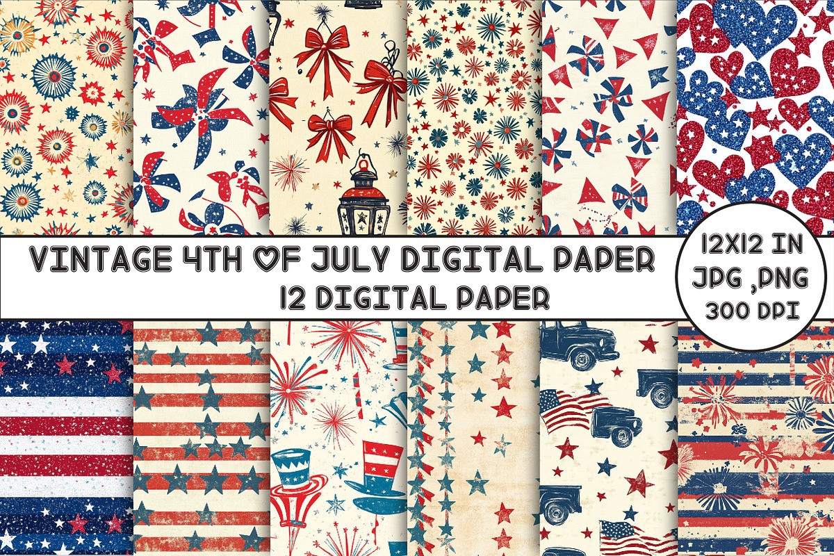 Vintage 4th of July Digital Paper, a Seasonal Illustration by Designking (Photo 1 of 5)