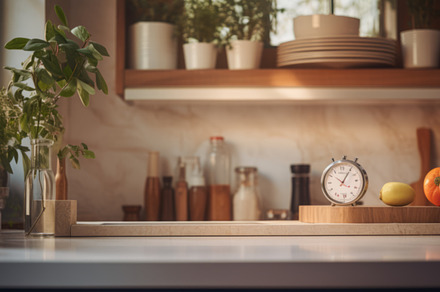 Modern Kitchen Counter with Fresh Produce and Natural Light, an Abstract Photo by Natalia Klenova's Shop