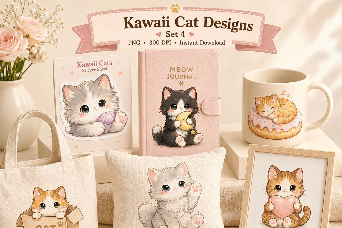 Kawai cat clipart bundle, an Object Illustration by HeavensStar (Photo 4 of 9)