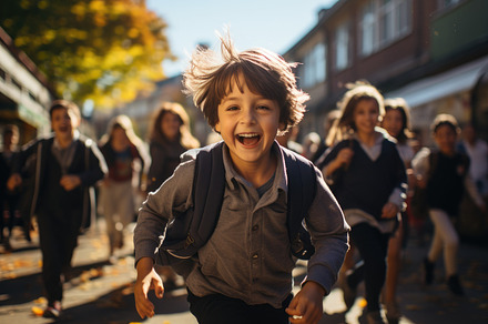 Photo of a schoolyard full of children and a little boy running, a School & Education Photo by designvectx