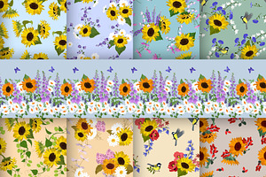 Sunflowers Set Seamless Pattern