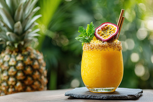 Pineapple drink topped with passion fruit and mint against a tropical backdrop, a Food & Drink Photo by AlyaAnd