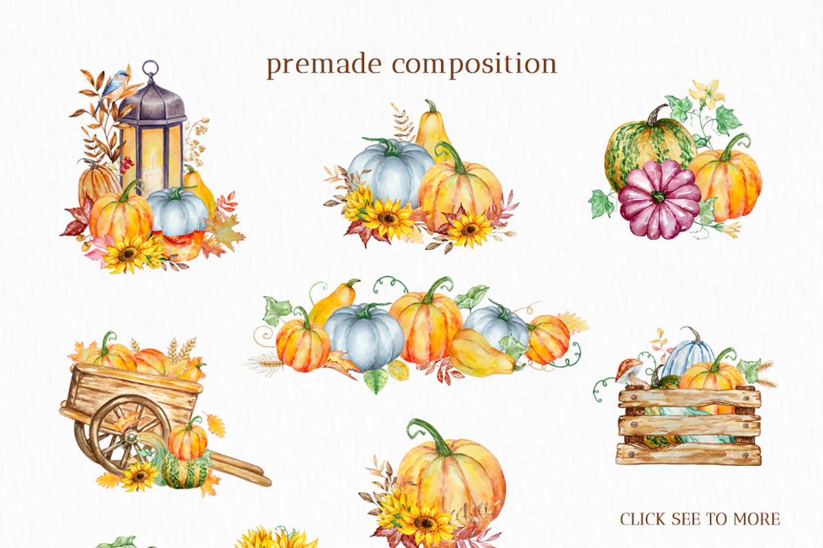 Watercolor Autumn Pumpkins Clipart, a Seasonal Illustration by SvetaArtStore (Photo 5 of 15)