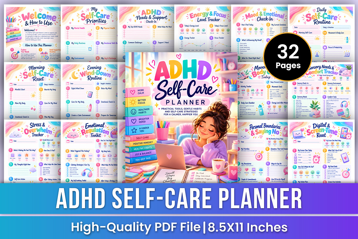 ADHD Self-Care Planner | Self-Care, a Stationery Template by Mustafiz (Photo 1 of 4)