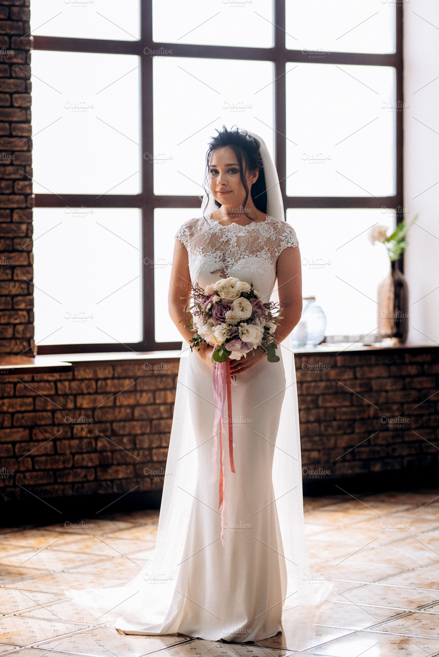 portrait of a young bride inside a restaurant agains, a Person Photo by Weddings, People, Travel