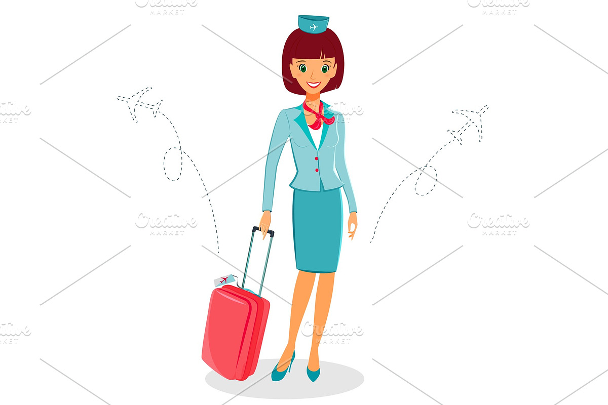 Cheerful cartoon flight attendant in uniform with suitcase, a Person Illustration by EsmeHelit