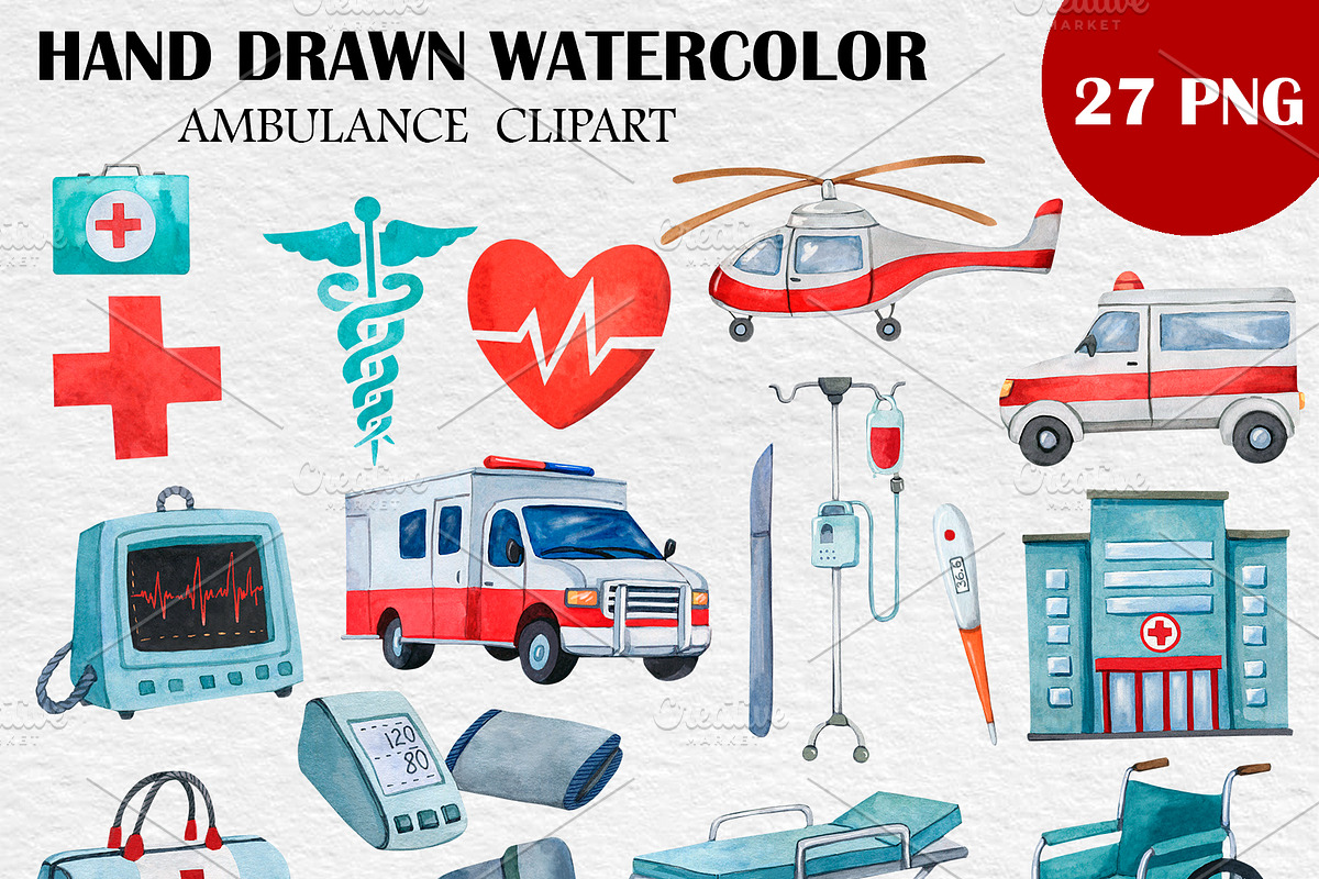 Watercolor Ambulance Clipart PNG, a Healthcare Illustration by PatternPalette (Photo 2 of 2)
