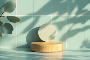 Natural Display Pedestal with Green Tiled Wall and Plants, an Abstract Photo by Natalia Klenova's Shop
