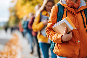 Students walking along the campus path on a sunny autumn day, surrounded by col, a Photo by AlyaAnd