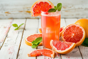 Glass of grapefruit juice with fresh fruit on wooden table, a Food & Drink Photo by AlyaAnd