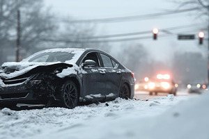 Damaged car sits abandoned in snow, a Transportation Photo by MistyDay